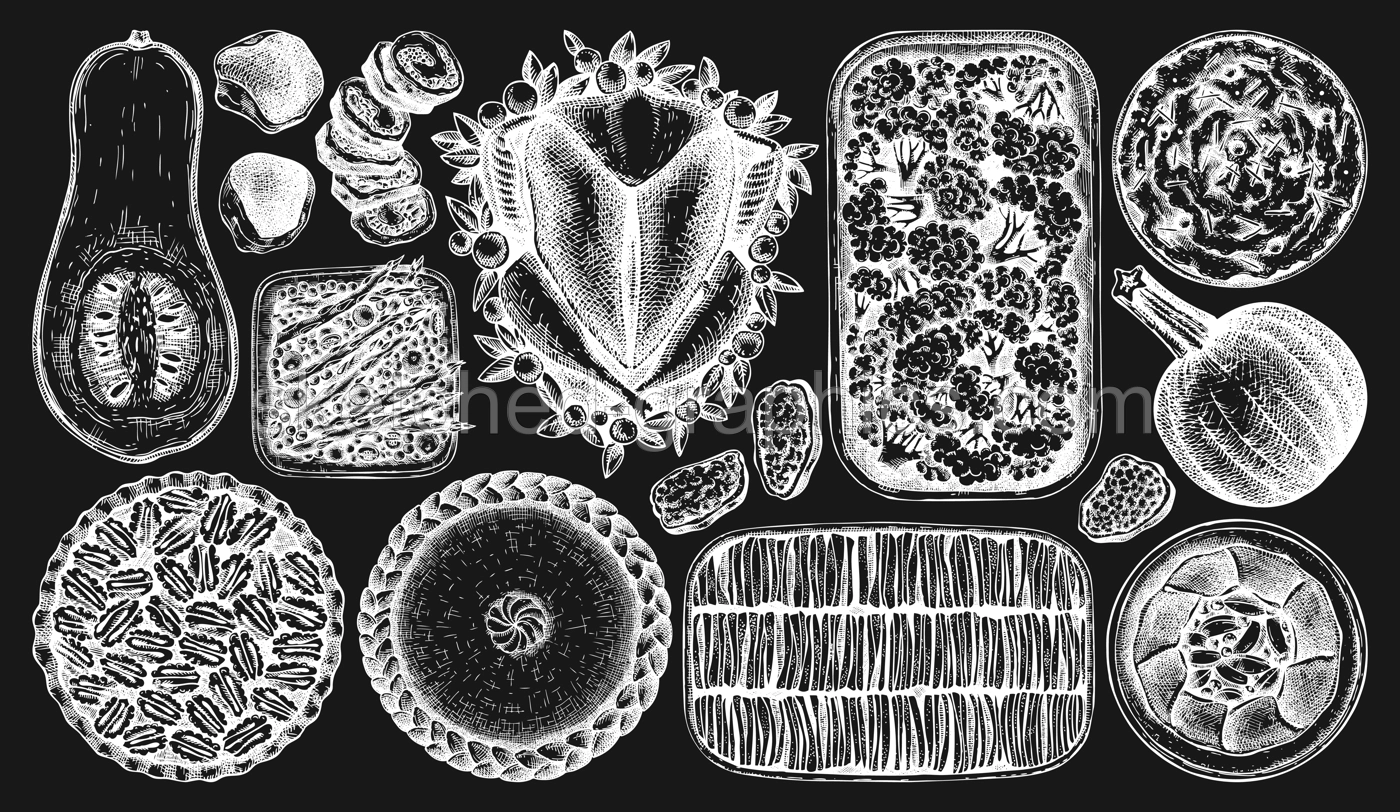 Thanksgiving day traditional dishes illustrations on chalkboard. Roasted turkey, cooked vegetables, rolled meat, pumpkin, cakes sketches. Vintage autumn food for Thanksgiving day dinner.  Illustration